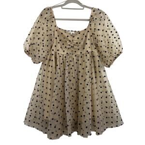 Tan Sheer Mesh Black Velvet Polka Dot Baevely Babydoll Dress Medium Smocked